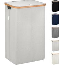 Cesto de roupa suja Lonbet com tampa 98L com moldura de bambu cinza claro