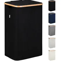 Cesto de roupa suja Lonbet com tampa 98L com moldura de bambu preta