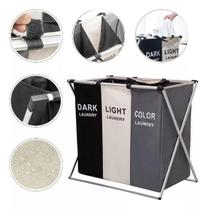 Cesto De Roupa Suja Organizador 3 Divisórias Dobrável Cor Cinza/Branco/Preto