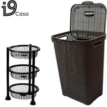 Cesto de Roupa Suja Rattan Com Tampa e Alça Basculada 60 Litros + Fruteira Redonda Tripla Preto Lavanderia e Cozinha