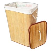 Cesto De Roupa Suja Retangular Em Bambu Forrado Com Tampa