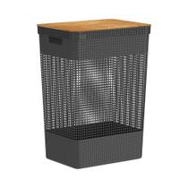 Cesto de Roupas com Tampa de Bambu Grid Preto 49L - Ou
