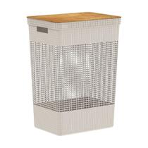 Cesto de Roupas Grid com Tampa de Bambu 49L Bege Ou
