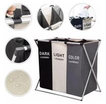 Cesto De Roupas Quarto Lavanderia Banheiro 3 Divisórias Cinza Lisa