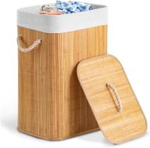 Cesto de Roupas Sujas Dobrável 70L em Bambu com Tampa e Forro Removível Ideal para Banheiro, Lavanderia e Brinquedos