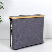 Cesto dobrável multiuso com tampa cinza poliéster bambu 43x35x17cm organização lavanderia quarto banheiro resistente alça leve Cesto dobrável multiuso com tampa cinza poliéster bambu 43x35x17cm organização lavanderia quarto banheiro resistente alça leve