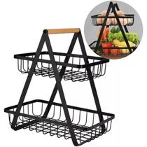 Cesto Duplo Organizador Fruteira de Mesa 2 Andares de Bambu e Ferro - Clink