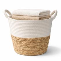 Cesto Fibra Natural Algodão Bege Branco 30 X 20 C/ Alça Casa
