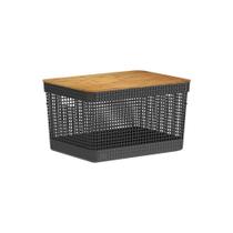 Cesto Grid com Tampa de Bambu 20L Preto Ou Cesto Grid com Tampa de Bambu 20L Preto Ou