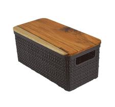 Cesto juta alongado m preto c/tampa de madeira nitron