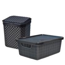 Cesto Lixo 5 Litros Cozinha Rattan + Caixa Organizadora 6L