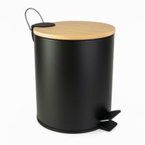 Cesto Lixo Lixeira Inox Preta Tampa Bambu Cozinha Banheiro 5 Litros