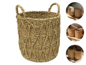 Cesto Organizador Com Alça Decorativo Em Fibra Natural Grande Lavanderia Banheiro Plantas Cachepot