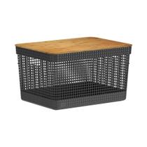 Cesto Organizador com Tampa de Bambu Grid Preto 20L - Ou Cesto Organizador com Tampa de Bambu Grid Preto 20L - Ou