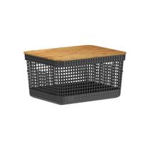 Cesto Organizador com Tampa de Bambu Grid Preto 8L - Ou