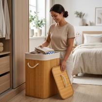 Cesto Organizador de Bambu 50L com Tampa Para Roupas Brinquedos Toalhas e Mantas