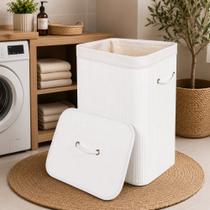 Cesto Organizador de Bambu com Tampa 70L Branco para Roupas Lavanderia Closet Banheiro