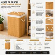 Cesto Organizador de Roupas e Brinquedos com Tampa e Alça de Bambu 50 Litros Forro em Poliéster Resistente Casa Apartamento