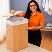 Cesto Organizador De Roupas Em Bambu Dobrável Com Tampa 72L Lavanderia Banheiro Quarto Natural Cesto Organizador De Roupas Em Bambu Dobrável Com Tampa 72L Lavanderia Banheiro Quarto Natural