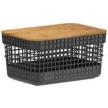 Cesto Organizador De Roupas Para Lavanderia Área De Serviço Banheiro Quarto Com Tampa Em Bambu 2,5l Preto Ou