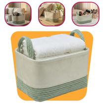 Cesto Organizador De Veludo 30x20x20cm Premium Multiuso Luxo Verde E Bege Mundiart Para Casa