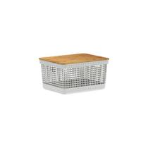 Cesto Organizador Grid com Tampa de Bambu 8L Branco Ou Cesto Organizador Grid com Tampa de Bambu 8L Branco Ou