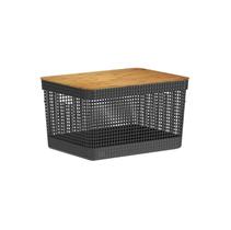 Cesto Organizador Grid em Plástico Preto com Tampa em Bambu 20L 38x28x22,2cm - Ou Cesto Organizador Grid em Plástico Preto com Tampa em Bambu 20L 38x28x22,2cm - Ou