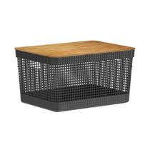 Cesto Organizador Grid Preto 20 L com Tampa de Bambu 39 x 29 x 22,6 cm Ou Cesto Organizador Grid Preto 20 L com Tampa de Bambu 39 x 29 x 22,6 cm Ou