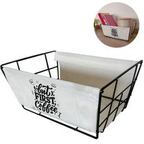 Cesto Organizador Multiuso Lavanderia Cozinha Escritório Aço Preto Tecido Bege P M G Luxo