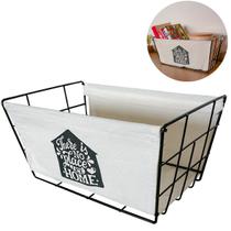 Cesto Organizador Multiuso Lavanderia Cozinha Escritório Aço Preto Tecido Bege P M G Luxo