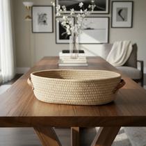 Cesto Organizador Oval em Algodão Trançado Alças em material sintético Design Moderno para Banheiro Quarto Sala Escritório Closet Multiuso