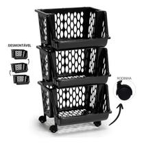 Cesto Organizador Platileira Multiuso Plástico 3 andares Empilhável Expositor Preto Com Rodinhas