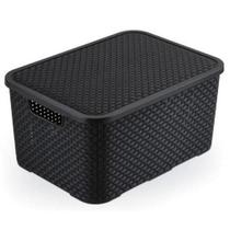 Cesto Organizador Rattan Grande Preto Com Tampa