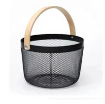 Cesto Organizador Redondo Alça Ferro e Madeira Preto 25,5x25,5x18cm