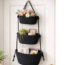 Cesto Organizador Suspenso 3 Andares Boho Chic Decoração de Parede Multiuso Exclusiva