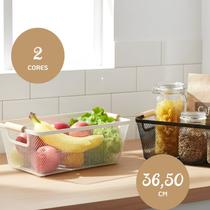 Cesto Organizador Telado com Alça de Madeira Retangular para Alimentos e Utensílios Preto e Branco Multiuso