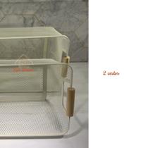 Cesto Organizador Telado com Alça de Madeira Retangular para Alimentos e Utensílios Preto e Branco Multiuso