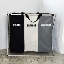 CESTO PARA LAVANDERIA DE POLIESTER COM ALCAS E 3 COMPARTIMENTOS DOBRAVEL 65cm x 38cm x 57cm