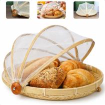 Cesto Porta Pães Bolos Frutas De Bambu Redondo Com Cobertura Retrátil Multiuso Natural 30cm