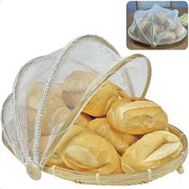 Cesto Porta Pão Bolo Bambu Cobertura Retrátil Oval Bordado 43cm