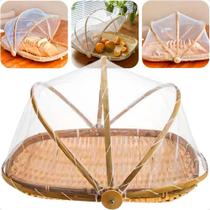 Cesto Porta Pão Bolo Bambu Retangular Cobertura Retrátil