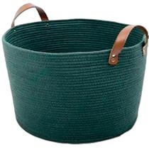 Cesto Redondo Extra Grande Organizador Alça de Couro, Cordas de Algodão costura dupla, Versátil Decorativo Boho, para mantas roupas almofadas, Verde Cesto Redondo Extra Grande Organizador Alça de Couro, Cordas de Algodão costura dupla, Versátil Decorativo Boho, para mantas roupas almofadas, Verde