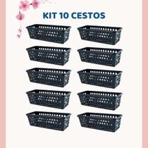Cesto Retangular Organizador Kit 10 Unidades Empilhável Preto