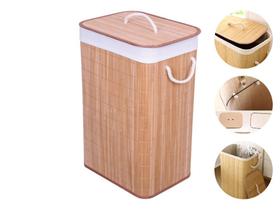 Cesto Roupa Banheiro Lavanderia Bambu Natural Forro Algodão Tampa Multiuso Porta Objetos Decoração