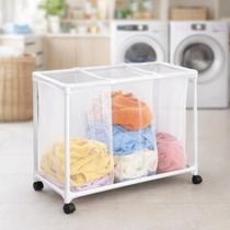 Cesto Roupa Suja Carrinho Lavanderia Triplo Com Rodinha Casa