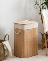 Cesto Roupas Sujas Bambu Retangular Forrado Banheiro Grande