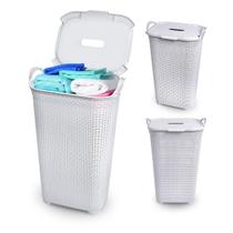 Cesto Roupas Tampa Rattan Branco Organizador 50 Litros Grande Roupeiro Telado Basculado Multiuso BR