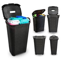 Cesto Roupas Tampa Rattan Preto Organizador 50 Litros Grande Roupeiro Telado Basculado Multiuso PR