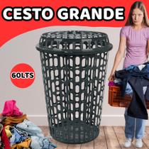 Cesto Telado Redondo 60 Lts Preto Com Tampa Grande Plástico Roupa Suja