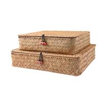 Cestos De Armazenamento De Vime De Capim Marinho Com Tampa 2 Peças Organizador De Rattan Plano Para